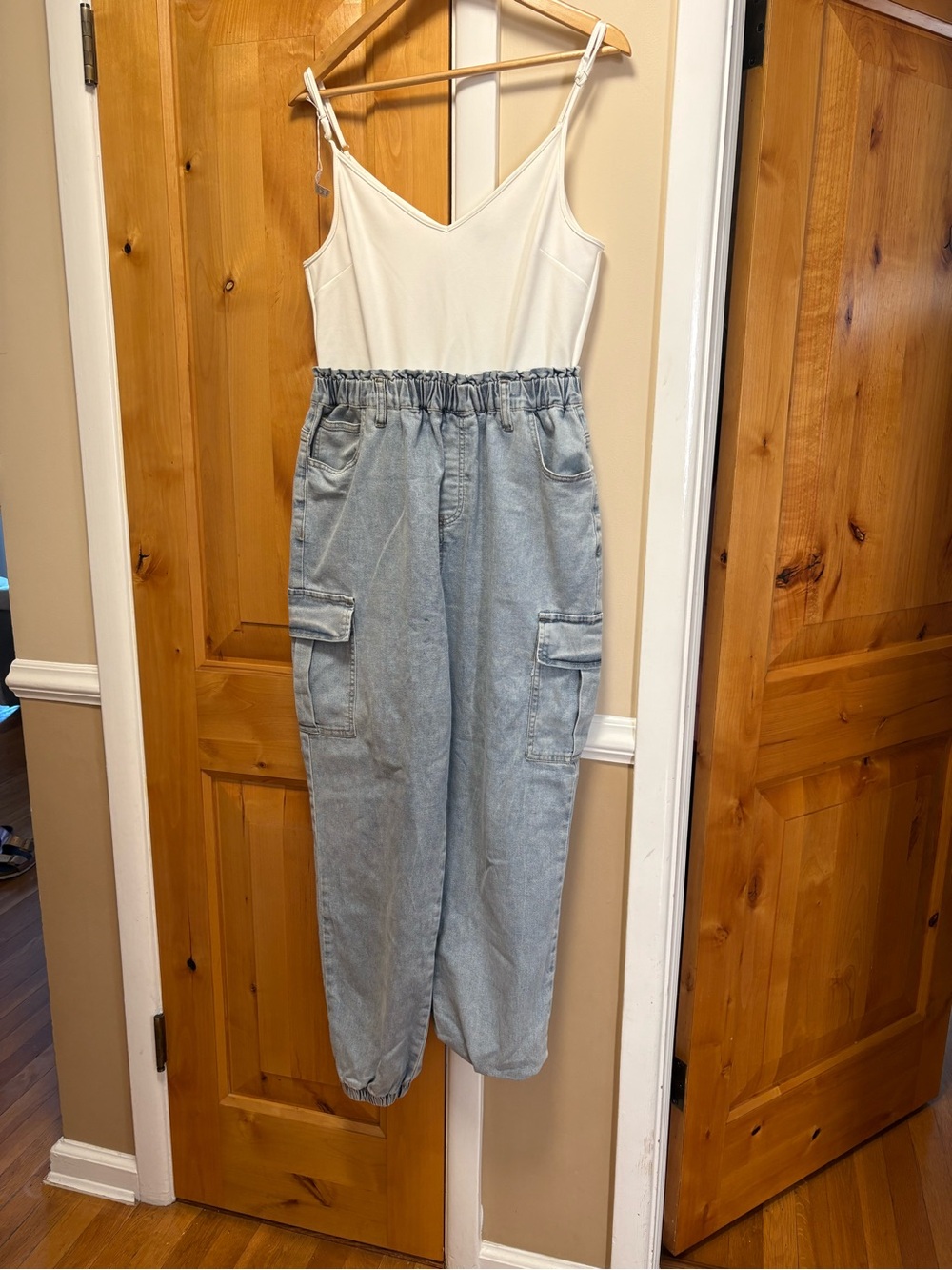 Rue21 Light Blue Denim Cargo Jumpsuit with White Top